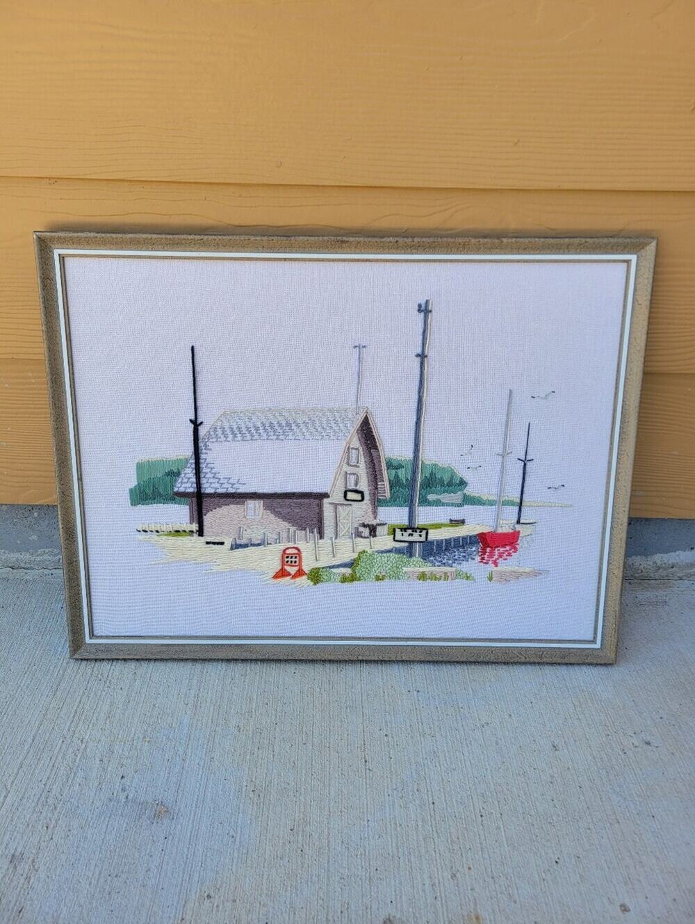 Vintage Crewel Embroidery Framed Art Nautical Sailboat 26x19